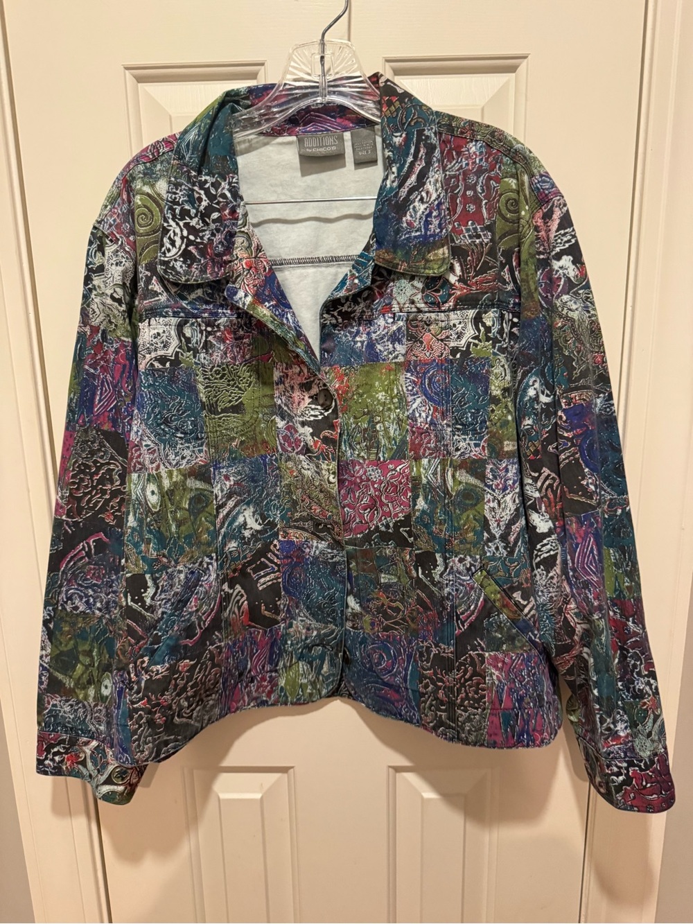 Chico's Patchwork-Print Jean Jacket in Blue, Green, Pink and Black
